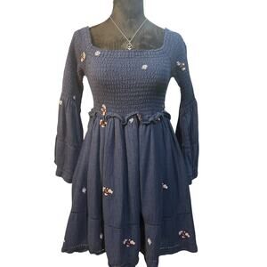 Free People Counting Daisies Embroidered Off-The-Shoulder Navy Dress—Size XS